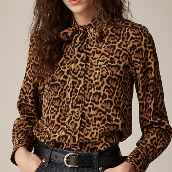 J.Crew Women's Removable Tie-Neck Button-Up Shirt in Leopard Crepe - Size 2X - Picture 1 of 12
